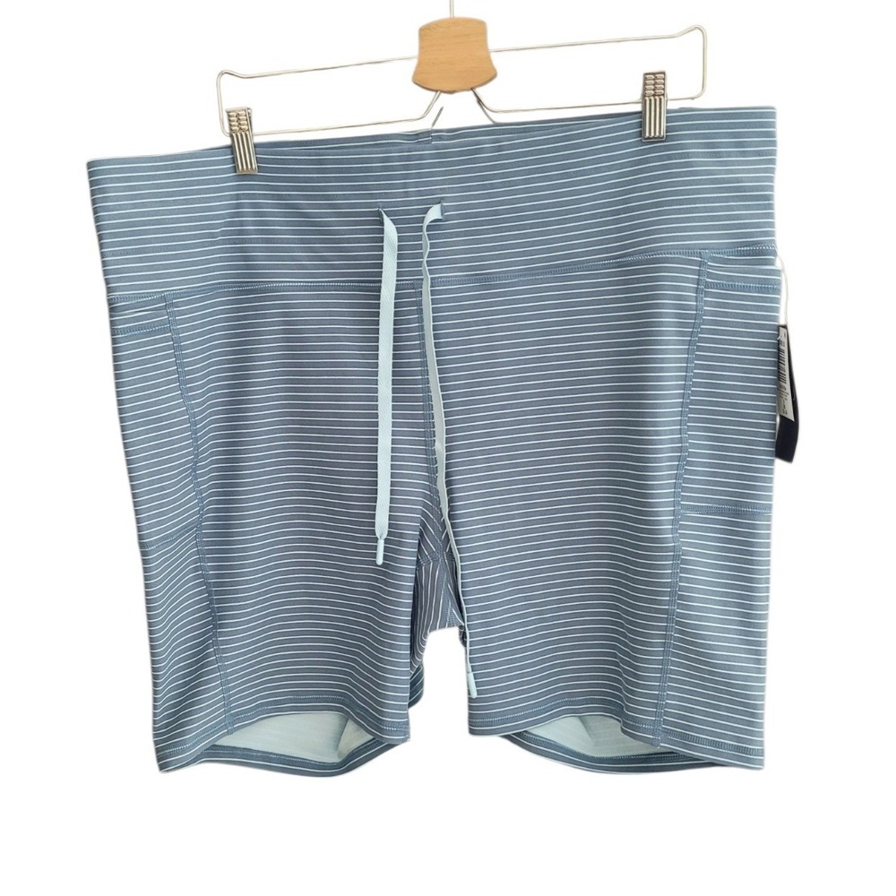 TORRID TRU Blue Horizons Stripe Performance Drawcord High Rise Biker Short